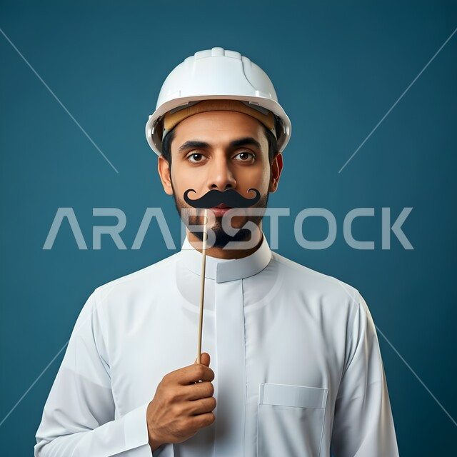 Expressions of masculinity, strength and self-confidence, supervision and auditing of engineering works, International Men's Day November 19, concept of architecture and construction, close-up portrait of a Saudi Arabian Gulf engineer holding a black mustache-shaped paper clip, blue background