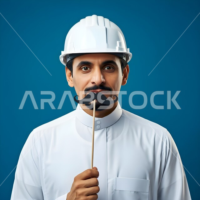 تعابير الرجولة و القوة والثقة بالنفس, الإشراف وتدقيق الأعمال الهندسية، اليوم العالمي للرجل 19 نوفمبر، مفهوم الهندسة المعمارية والإنشاءات، بورتريه مقرب لمهندس عربي خليجي سعودي يمسك بيده قصاصة ورقية على شكل شارب باللون الأسود، خلفية زرقاء