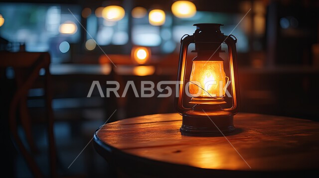 أداوت إنارة بدائية تراثية تقليدية، الفوانيس المعدنية الشعبية العربية السعودية التقليدية, فانوس مضيء على طاولة خشبية