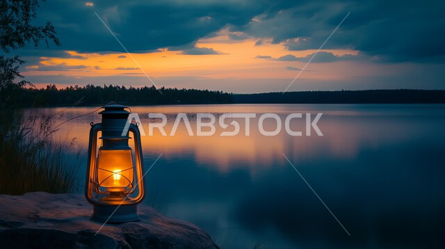 فانوس مضيء وسط المناظر الطبيعية، أداوت إنارة بدائية تراثية تقليدية، الفوانيس المعدنية الشعبية العربية السعودية التقليدية