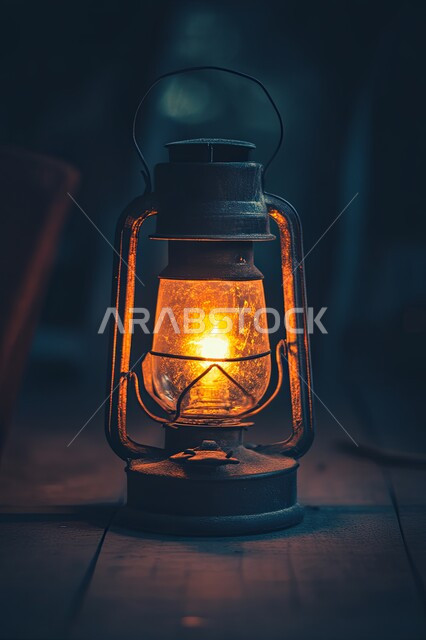  أداوت إنارة بدائية تراثية تقليدية، الفوانيس المعدنية الشعبية العربية السعودية التقليدية, فانوس مضيء على طاولة خشبية