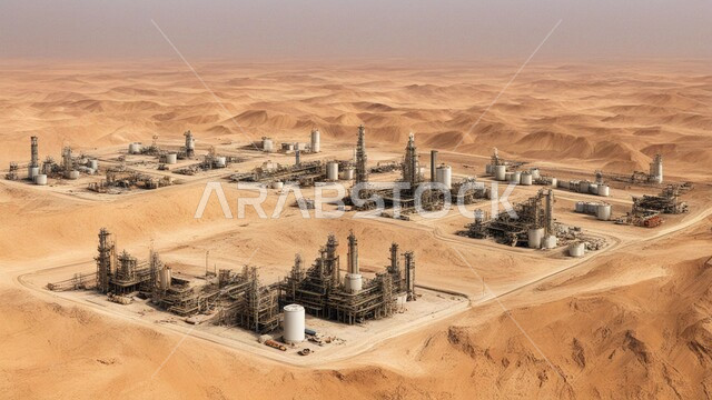 Oil refinery in the desert of Saudi Arabia, huge and modern tools and equipment, adoption of modern techniques and technology in oil and gas production, soft golden sand dunes, engineering and urban development of oil refineries