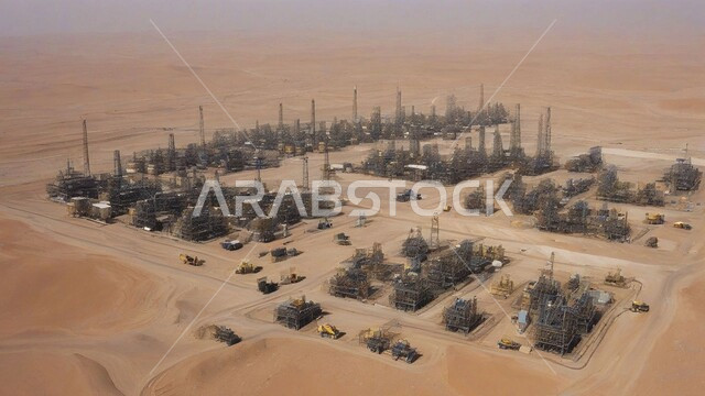 ادوات ومعدات ضخمة وحديثة، اعتماد التقنيات والتكنولوجيا الحديثة في إنتاجية النفط والغاز، الكثبان الرمليه الناعمة الذهبية، التطور الهندسي والعمراني لمصافي البترول، مصفاة نفط في صحراء المملكة العربية السعودية