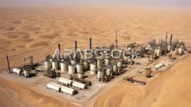 ادوات ومعدات ضخمة وحديثة، اعتماد التقنيات والتكنولوجيا الحديثة في إنتاجية النفط والغاز، الكثبان الرمليه الناعمة الذهبية، التطور الهندسي والعمراني لمصافي البترول، مصفاة نفط في صحراء المملكة العربية السعودية