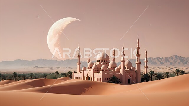 التصاميم والديكورات العصرية للقبب ووالمآذن، العبادة والتقرب إلى الله، منظر الهلال في السماء، مناطق البادية والبيئة الطبيعية الصحراوية، الهضاب والتلال الرملية الناعمة، مسجد وسط الرمال الذهبية في الصحراء، الفن الهندسي المعماري لبناء المساجد