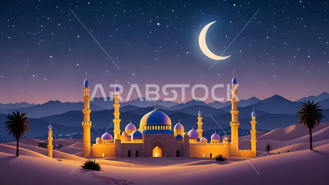 Architectural engineering art of building mosques, modern designs and decorations of domes and minarets, worship and closeness to God, the view of the crescent moon in the sky, desert areas and the natural desert environment, soft sandy plateaus and hills, a mosque in the middle of the golden sands in the desert