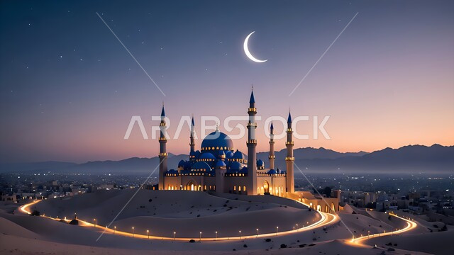 الفن الهندسي المعماري لبناء المساجد، التصاميم والديكورات العصرية للقبب ووالمآذن، العبادة والتقرب إلى الله، منظر الهلال في السماء، مناطق البادية والبيئة الطبيعية الصحراوية، الهضاب والتلال الرملية الناعمة، مسجد وسط الرمال الذهبية في الصحراء