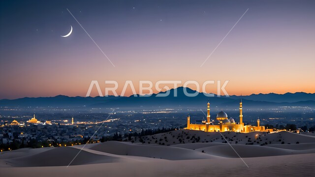 مسجد وسط الرمال الذهبية في الصحراء، الفن الهندسي المعماري لبناء المساجد، التصاميم والديكورات العصرية للقبب ووالمآذن، العبادة والتقرب إلى الله، منظر الهلال في السماء، مناطق البادية والبيئة الطبيعية الصحراوية، الهضاب والتلال الرملية الناعمة