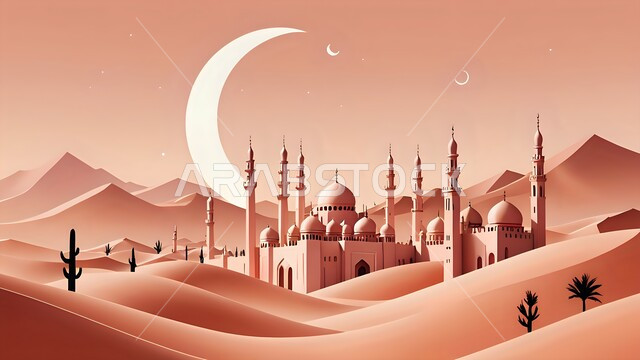 A mosque in the middle of the golden sands of the desert, the architectural art of building mosques, modern designs and decorations of domes and minarets, worship and getting closer to God, the view of the crescent moon in the sky, desert areas and the natural desert environment, soft sandy plateaus and hills