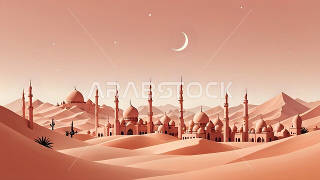 التصاميم والديكورات العصرية للقبب ووالمآذن، العبادة والتقرب إلى الله، منظر الهلال في السماء، مناطق البادية والبيئة الطبيعية الصحراوية، الهضاب والتلال الرملية الناعمة، مسجد وسط الرمال الذهبية في الصحراء، الفن الهندسي المعماري لبناء المساجد