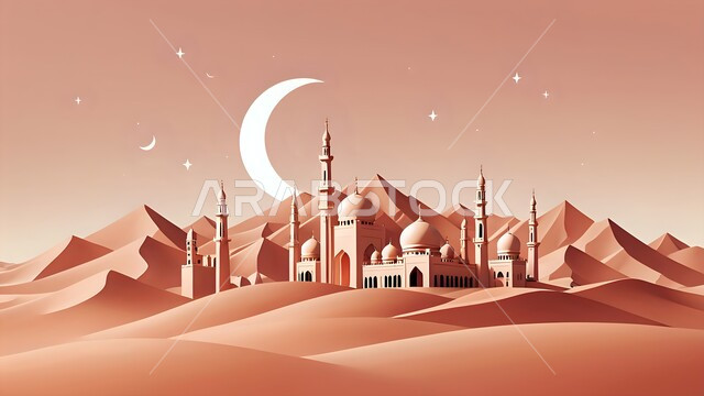 التصاميم والديكورات العصرية للقبب ووالمآذن، العبادة والتقرب إلى الله، منظر الهلال في السماء، مناطق البادية والبيئة الطبيعية الصحراوية، الهضاب والتلال الرملية الناعمة، مسجد وسط الرمال الذهبية في الصحراء، الفن الهندسي المعماري لبناء المساجد