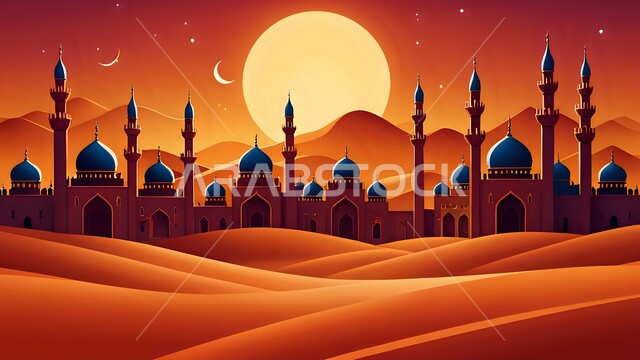 مناطق البادية والبيئة الطبيعية الصحراوية، الهضاب والتلال الرملية الناعمة، مسجد وسط الرمال الذهبية في الصحراء، الفن الهندسي المعماري لبناء المساجد، التصاميم والديكورات العصرية للقبب ووالمآذن، العبادة والتقرب إلى الله، منظر السماء وقت غروب الشمس
