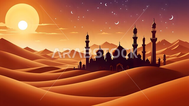 Soft sandy hills and hills, mosque in the middle of the golden sands in the desert, architecture of mosque construction, modern designs and decorations of domes and minarets, worship and closeness to God, the sky view at sunset, the desert areas and the natural environment desert