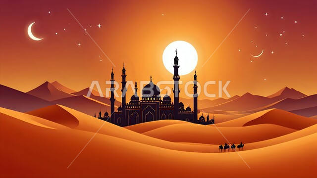 The desert areas and the natural desert environment, the soft hills and sandy hills, a mosque in the middle of the golden sands in the desert, the architecture of mosque construction, the modern designs and decorations of the domes and minarets, worship and closeness to God, the view of the sky is time sunset