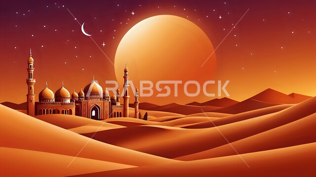 الهضاب والتلال الرملية الناعمة، مسجد وسط الرمال الذهبية في الصحراء، الفن الهندسي المعماري لبناء المساجد، التصاميم والديكورات العصرية للقبب ووالمآذن، العبادة والتقرب إلى الله، منظر السماء وقت غروب الشمس، مناطق البادية والبيئة الطبيعية الصحراوية