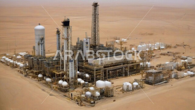 اعتماد التقنيات والتكنولوجيا الحديثة في إنتاجية النفط والغاز، الكثبان الرمليه الناعمة الذهبية، التطور الهندسي والعمراني لمصافي البترول، مصفاة نفط في صحراء المملكة العربية السعودية، ادوات ومعدات ضخمة وحديثة