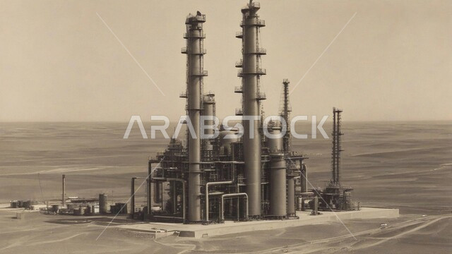 اعتماد التقنيات والتكنولوجيا الحديثة في إنتاجية النفط والغاز، الكثبان الرمليه الناعمة الذهبية، التطور الهندسي والعمراني لمصافي البترول، مصفاة نفط في صحراء المملكة العربية السعودية، ادوات ومعدات ضخمة وحديثة