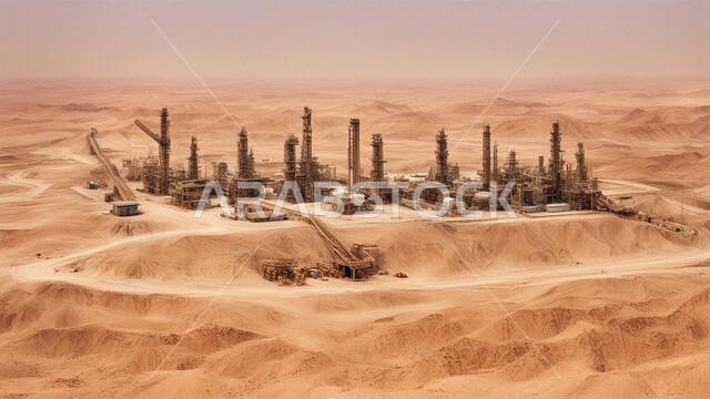 التطور الهندسي والعمراني لمصافي البترول، مصفاة نفط في صحراء المملكة العربية السعودية، ادوات ومعدات ضخمة وحديثة، اعتماد التقنيات والتكنولوجيا الحديثة في إنتاجية النفط والغاز، الكثبان الرمليه الناعمة الذهبية