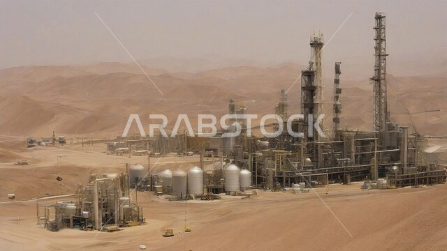 التطور الهندسي والعمراني لمصافي البترول، مصفاة نفط في صحراء المملكة العربية السعودية، ادوات ومعدات ضخمة وحديثة، اعتماد التقنيات والتكنولوجيا الحديثة في إنتاجية النفط والغاز، الكثبان الرمليه الناعمة الذهبية