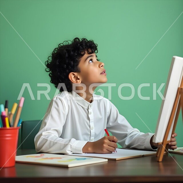 تنمية المهارات الفنية في الروضات الإماراتية، بورتريه لطفل عربي خليجي إماراتي ينظر الى الاعلى يرتدي الزي الإماراتي التقليدي يقوم بالرسم والتلوين بالألوان الخشبية, مفهوم الاهتمام بالهوايات, خلفية ملونة