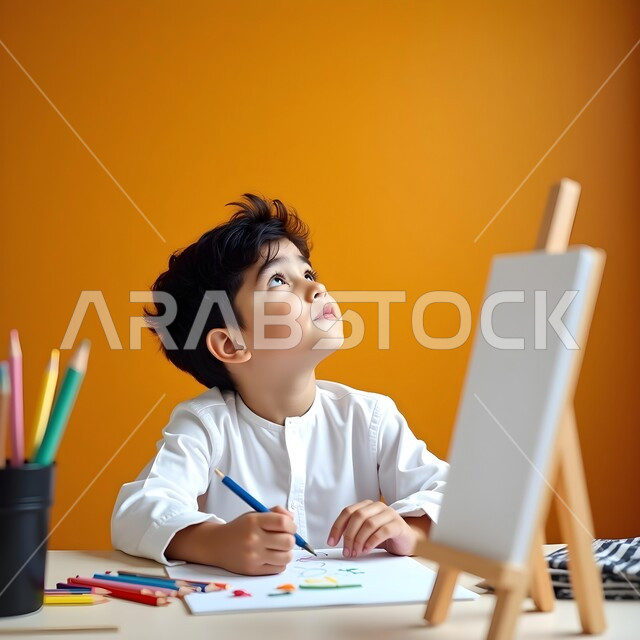Developing artistic skills in Emirati kindergartens, portrait of an Arab Gulf Emirati child looking up wearing traditional Emirati clothing, drawing and coloring with colored pencils, concept of interest in hobbies, colorful background