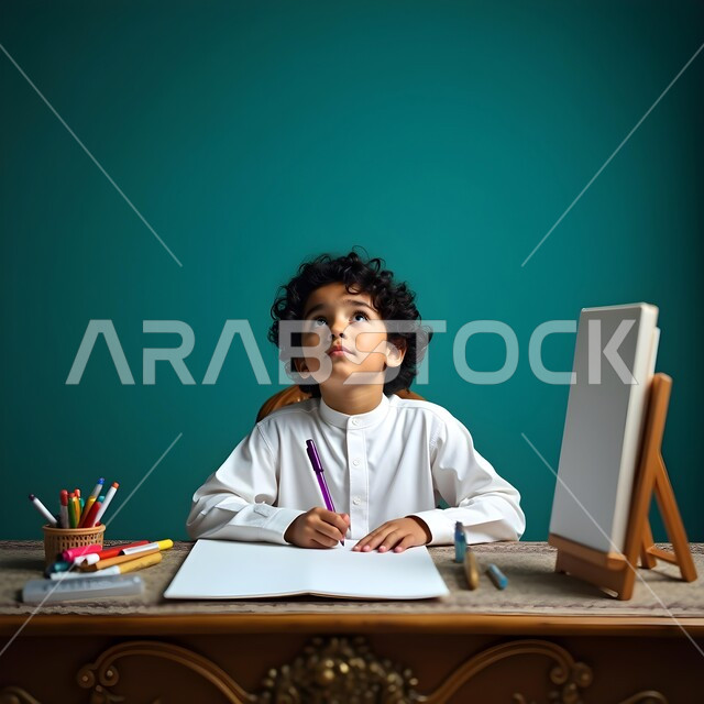 تنمية المهارات الفنية في الروضات الإماراتية، بورتريه لطفل عربي خليجي إماراتي ينظر الى الاعلى يرتدي الزي الإماراتي التقليدي يقوم بالرسم والتلوين بالألوان الخشبية, مفهوم الاهتمام بالهوايات, خلفية ملونة