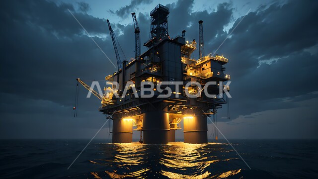 آلات حفر ضخمة, جودة الأدوات والمعدات الصناعة، مراكز تخزين البترول في المملكة العربية السعودية، منصة نفط لاستنباط الزيوت، استخراج وتصدير الثروات الباطنية، حفارة تقوم بالتنقيب عن النفط وسط البحر ليلا