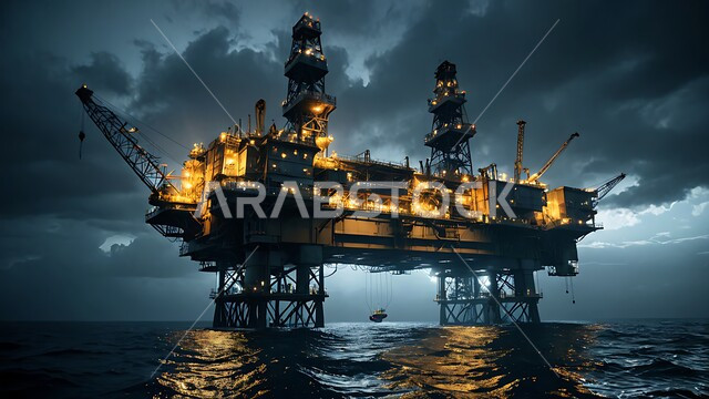 Extraction and export of underground resources, a drilling rig drilling for oil in the middle of the sea at night, huge drilling machines, quality of industrial tools and equipment, oil storage centers in Saudi Arabia, an oil platform for extracting oils