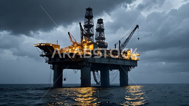 حفارة تقوم بالتنقيب عن النفط وسط البحر ليلا, آلات حفر ضخمة, جودة الأدوات والمعدات الصناعة، مراكز تخزين البترول في المملكة العربية السعودية، منصة نفط لاستنباط الزيوت، استخراج وتصدير الثروات الباطنية