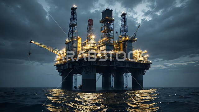 Extraction and export of underground resources, a drilling rig drilling for oil in the middle of the sea at night, huge drilling machines, quality of industrial tools and equipment, oil storage centers in Saudi Arabia, an oil platform for extracting oils