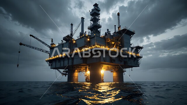 حفارة تقوم بالتنقيب عن النفط وسط البحر ليلا, آلات حفر ضخمة, جودة الأدوات والمعدات الصناعة، مراكز تخزين البترول في المملكة العربية السعودية، منصة نفط لاستنباط الزيوت، استخراج وتصدير الثروات الباطنية
