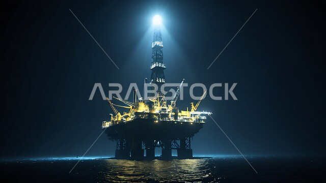 حفارة تقوم بالتنقيب عن النفط وسط البحر ليلا, آلات حفر ضخمة, جودة الأدوات والمعدات الصناعة، مراكز تخزين البترول في المملكة العربية السعودية، منصة نفط لاستنباط الزيوت، استخراج وتصدير الثروات الباطنية