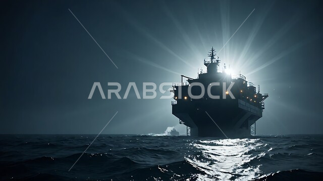 Extraction and export of underground resources, a drilling rig drilling for oil in the middle of the sea at night, huge drilling machines, quality of industrial tools and equipment, oil storage centers in Saudi Arabia, an oil platform for extracting oils