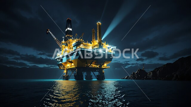 حفارة تقوم بالتنقيب عن النفط وسط البحر ليلا, آلات حفر ضخمة, جودة الأدوات والمعدات الصناعة، مراكز تخزين البترول في المملكة العربية السعودية، منصة نفط لاستنباط الزيوت، استخراج وتصدير الثروات الباطنية