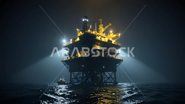 استخراج وتصدير الثروات الباطنية، حفارة تقوم بالتنقيب عن النفط وسط البحر ليلا, آلات حفر ضخمة, جودة الأدوات والمعدات الصناعة، مراكز تخزين البترول في المملكة العربية السعودية، منصة نفط لاستنباط الزيوت