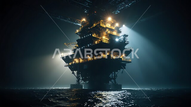 استخراج وتصدير الثروات الباطنية، حفارة تقوم بالتنقيب عن النفط وسط البحر ليلا, آلات حفر ضخمة, جودة الأدوات والمعدات الصناعة، مراكز تخزين البترول في المملكة العربية السعودية، منصة نفط لاستنباط الزيوت