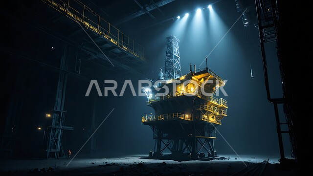 Drilling rig drilling for oil in the middle of the sea at night, Huge drilling machines, Quality of tools and equipment industry, Oil storage centers in Saudi Arabia, Oil platform for extracting oil, Extraction and export of underground resources