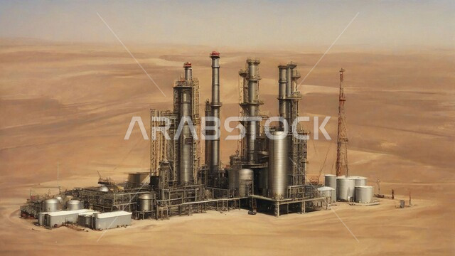  مصفاة نفط في صحراء المملكة العربية السعودية، ادوات ومعدات ضخمة وحديثة، اعتماد التقنيات والتكنولوجيا الحديثة في إنتاجية النفط والغاز، الكثبان الرمليه الناعمة الذهبية، التطور الهندسي والعمراني لمصافي البترول