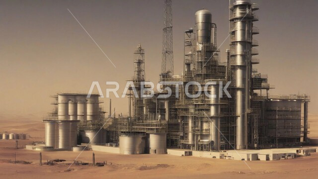  مصفاة نفط في صحراء المملكة العربية السعودية، ادوات ومعدات ضخمة وحديثة، اعتماد التقنيات والتكنولوجيا الحديثة في إنتاجية النفط والغاز، الكثبان الرمليه الناعمة الذهبية، التطور الهندسي والعمراني لمصافي البترول
