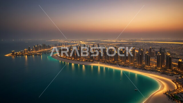 Attracting and attracting tourists from all over the world, architectural art of resorts and hotels in the United Arab Emirates, summer entertainment activities, an aerial photo of an island in the city of Dubai, tourist places and landmarks