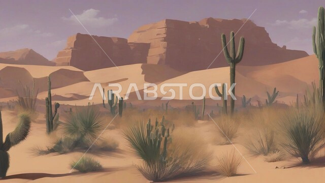 سلسلة الجبال والتكوينات والتشكلات الصخرية, نبات الصبار الشوكي في المناطق الصحراوية والكثبان الرملية في البراري, اماكن سياحية للسفاري في المملكة العربية السعودية, نمو النباتات الشوكية والاعشاب البرية في المحميات الطبيعية الصحراوية