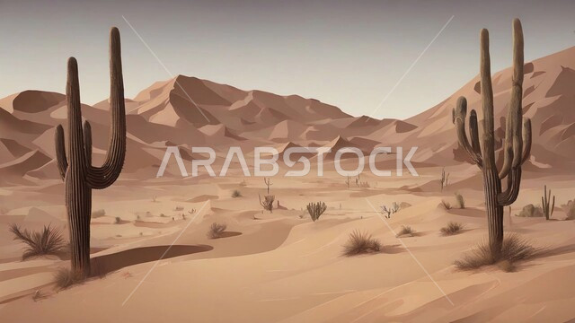 سلسلة الجبال والتكوينات والتشكلات الصخرية, نبات الصبار الشوكي في المناطق الصحراوية والكثبان الرملية في البراري, اماكن سياحية للسفاري في المملكة العربية السعودية, نمو النباتات الشوكية والاعشاب البرية في المحميات الطبيعية الصحراوية