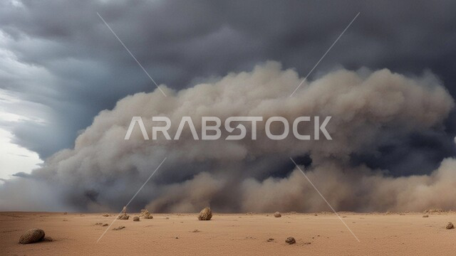 الزوابع الغبارية القوية، العاصفة الرملية في الصحراء, رياح ترابية في المناطق الصحراوية, الكثبان والرمال الذهبية الناعمة، التشكيلات والتكوينات الرملية في المملكة العربية السعودية, منظر السماء الممتلئة بالغيوم الداكنة