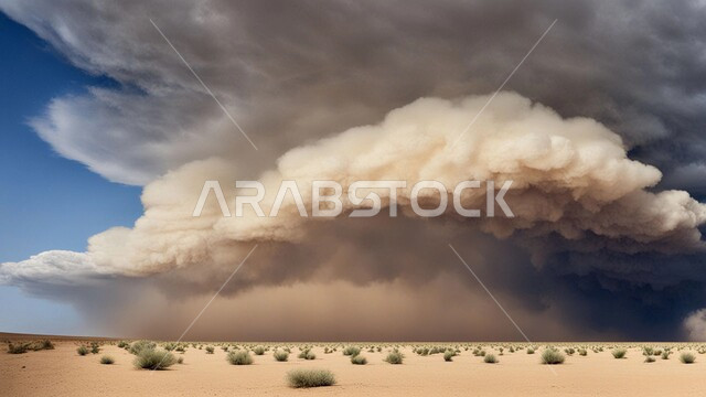 الزوابع الغبارية القوية، العاصفة الرملية في الصحراء, رياح ترابية في المناطق الصحراوية, الكثبان والرمال الذهبية الناعمة، التشكيلات والتكوينات الرملية في المملكة العربية السعودية, منظر السماء الممتلئة بالغيوم الداكنة