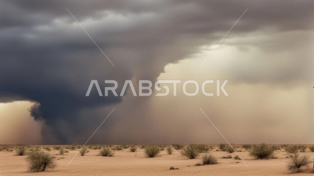 Strong dust storms, sandstorm in the desert, dust winds in desert areas, dunes and soft golden sand, sand formations and formations in Saudi Arabia, view of the sky filled with dark clouds