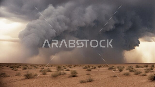 Dust winds in desert areas, dunes and soft golden sand, sand formations and formations in Saudi Arabia, view of sky filled with dark clouds, strong dust storms, sandstorm in desert