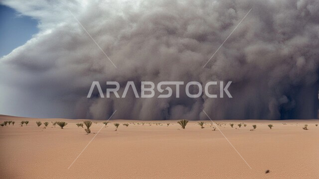  رياح ترابية في المناطق الصحراوية, الكثبان والرمال الذهبية الناعمة، التشكيلات والتكوينات الرملية في المملكة العربية السعودية, منظر السماء الممتلئة بالغيوم الداكنة، الزوابع الغبارية القوية، العاصفة الرملية في الصحراء