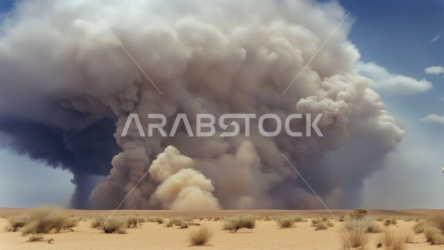 رياح ترابية في المناطق الصحراوية, الكثبان والرمال الذهبية الناعمة، التشكيلات والتكوينات الرملية في المملكة العربية السعودية, منظر السماء الممتلئة بالغيوم الداكنة، الزوابع الغبارية القوية، العاصفة الرملية في الصحراء