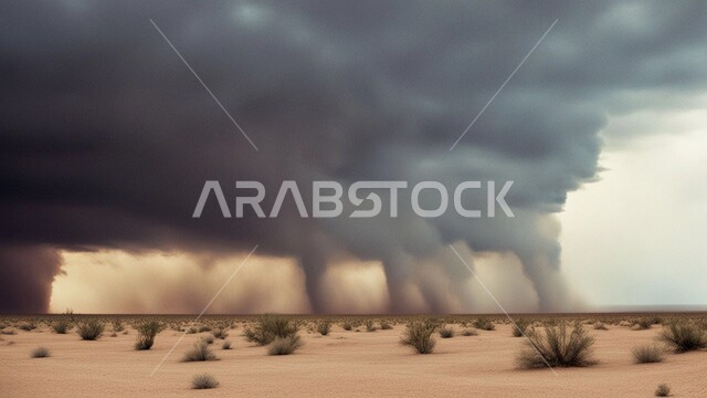  رياح ترابية في المناطق الصحراوية, الكثبان والرمال الذهبية الناعمة، التشكيلات والتكوينات الرملية في المملكة العربية السعودية, منظر السماء الممتلئة بالغيوم الداكنة، الزوابع الغبارية القوية، العاصفة الرملية في الصحراء