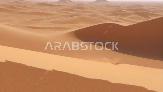 Sand formations and formations in the desert of the Kingdom of Saudi Arabia, terrain in the prairies, plateaus and hills of soft golden sand, desert areas and desert natural environment, nature background